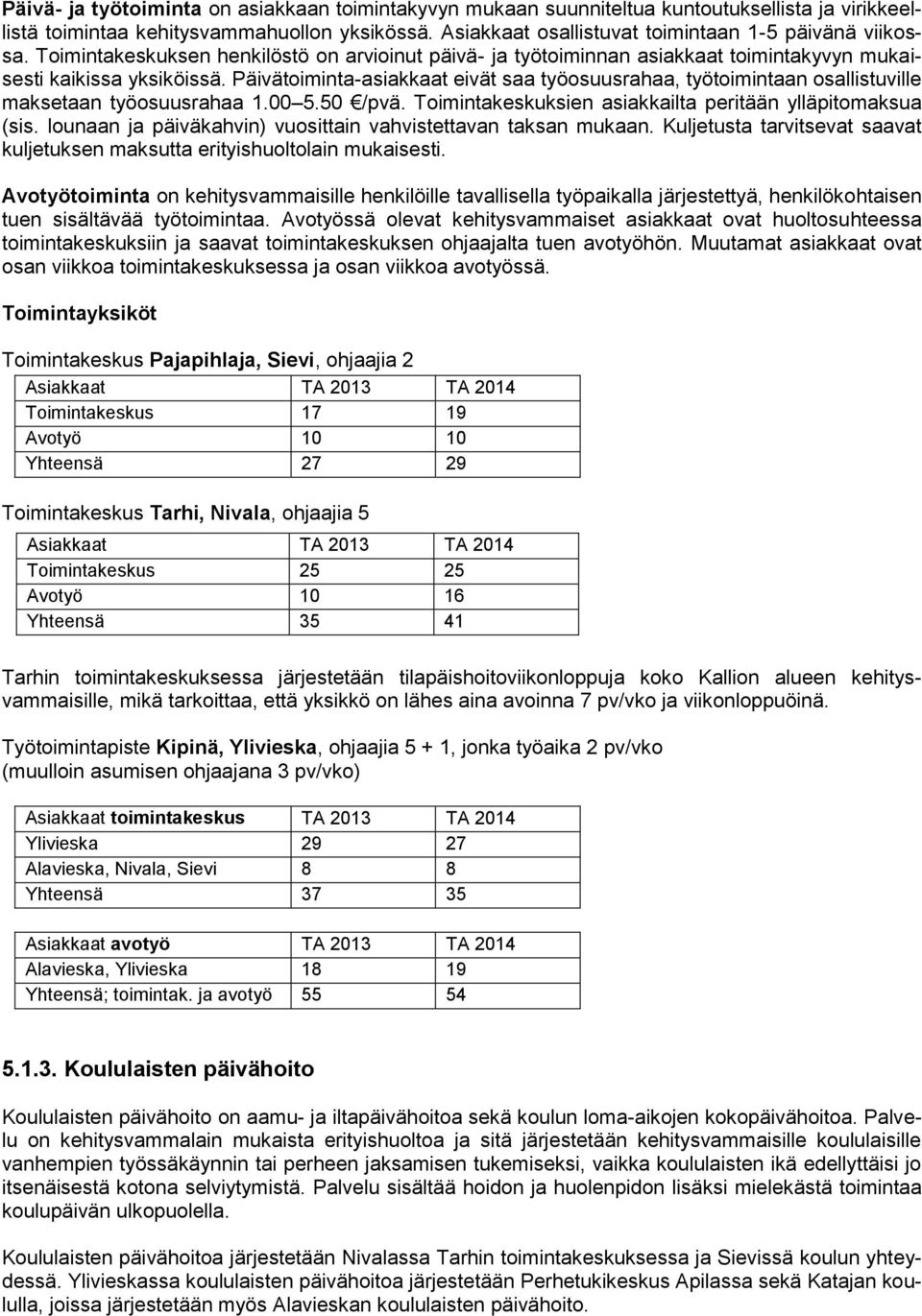 Päivätoiminta-asiakkaat eivät saa työosuusrahaa, työtoimintaan osallistuville maksetaan työosuusrahaa 1.00 5.50 /pvä. Toimintakeskuksien asiakkailta peritään ylläpitomaksua (sis.