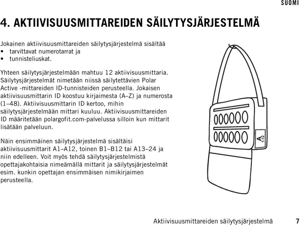 Jokaisen aktiivisuusmittarin ID koostuu kirjaimesta (A Z) ja numerosta (1 48). Aktiivisuusmittarin ID kertoo, mihin säilytysjärjestelmään mittari kuuluu.