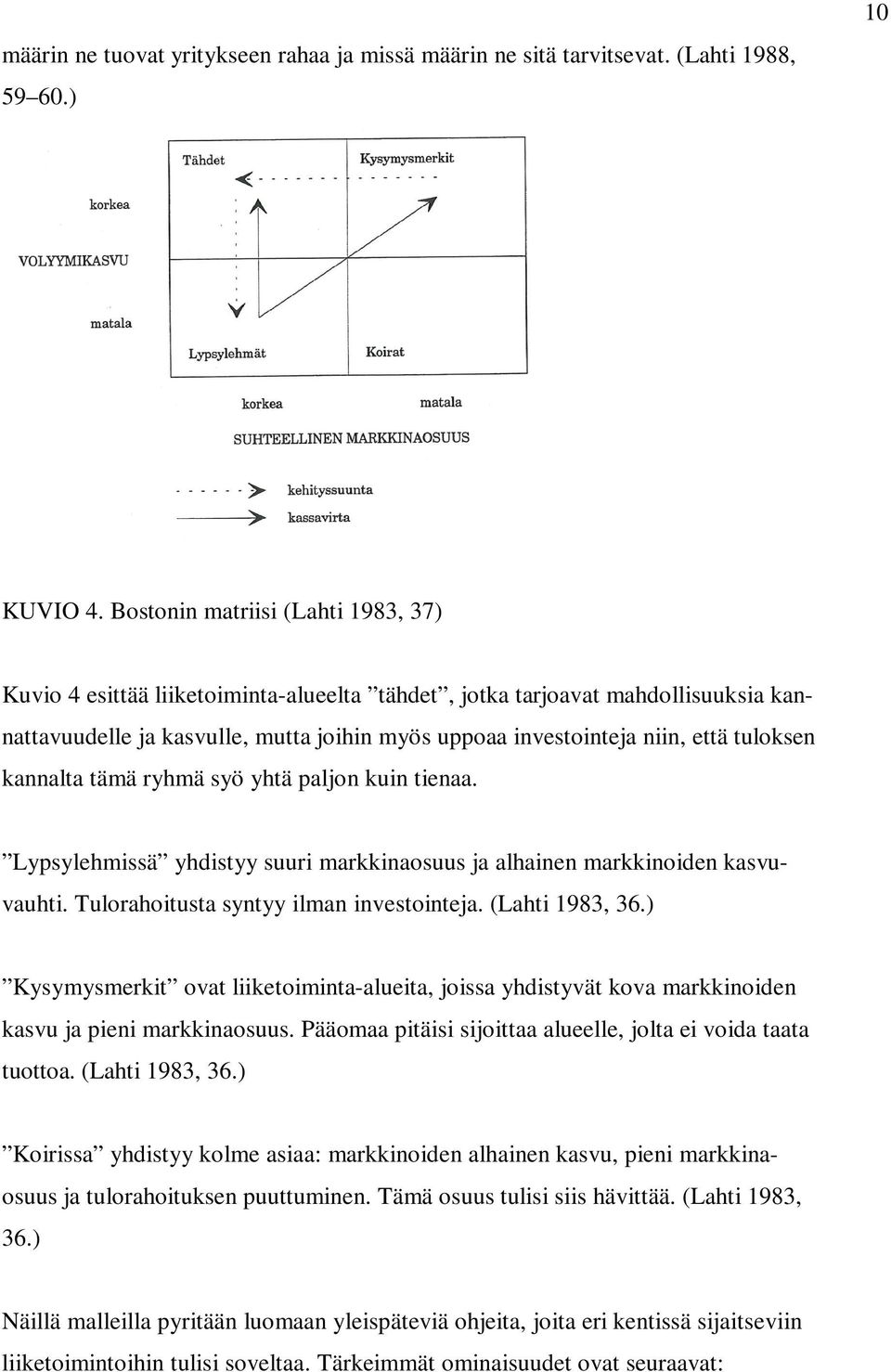 tuloksen kannalta tämä ryhmä syö yhtä paljon kuin tienaa. Lypsylehmissä yhdistyy suuri markkinaosuus ja alhainen markkinoiden kasvuvauhti. Tulorahoitusta syntyy ilman investointeja. (Lahti 1983, 36.