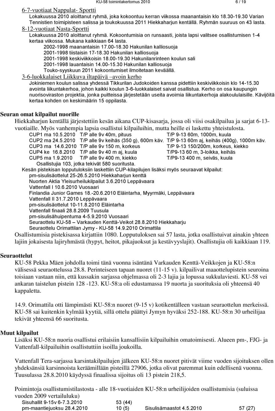 Kokoontumisia on runsaasti, joista lapsi valitsee osallistumisen 1-4 kertaa viikossa. Mukana kaikkiaan 64 lasta. 2002-1998 maanantaisin 17.00-18.30 Hakunilan kalliosuoja 2001-1998 tiistaisin 17-18.