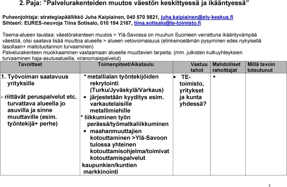 fi Teema-alueen taustaa: väestörakenteen muutos > Ylä-Savossa on muuhun Suomeen verrattuna ikääntyvämpää väestöä, olisi saatava lisää muuttoa alueelle > alueen vetovoimaisuus (elinkeinoelämän