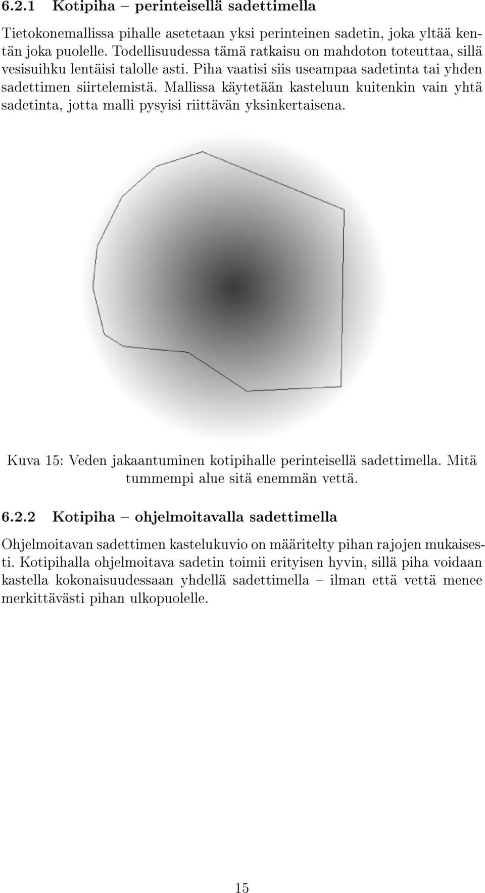 Mallissa käytetään kasteluun kuitenkin vain yhtä sadetinta, jotta malli pysyisi riittävän yksinkertaisena. Kuva 15: Veden jakaantuminen kotipihalle perinteisellä sadettimella.