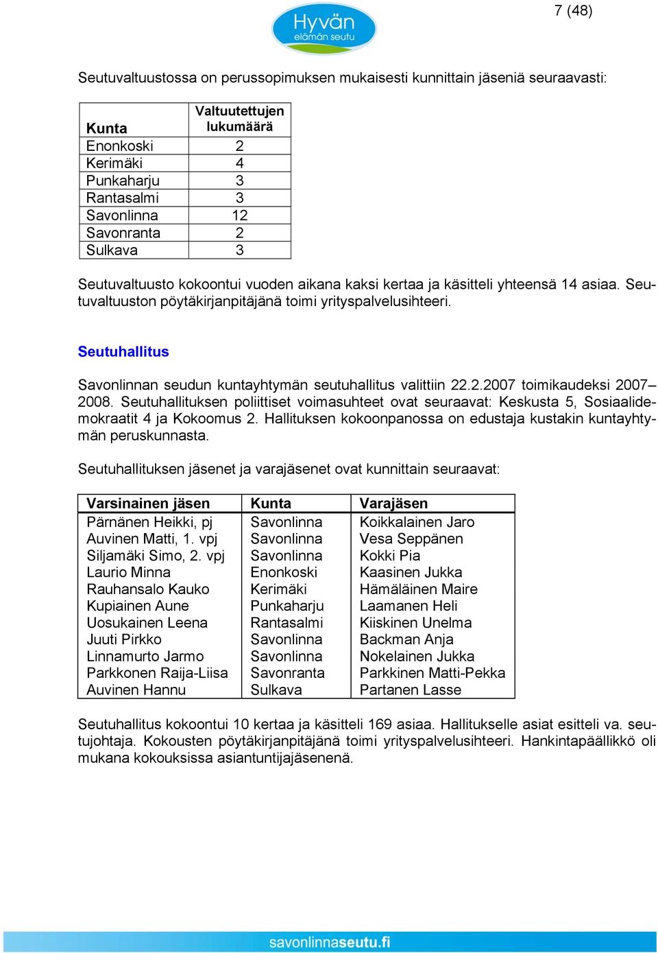 Seutuhallitus Savonlinnan seudun kuntayhtymän seutuhallitus valittiin 22.2.2007 toimikaudeksi 2007 2008.