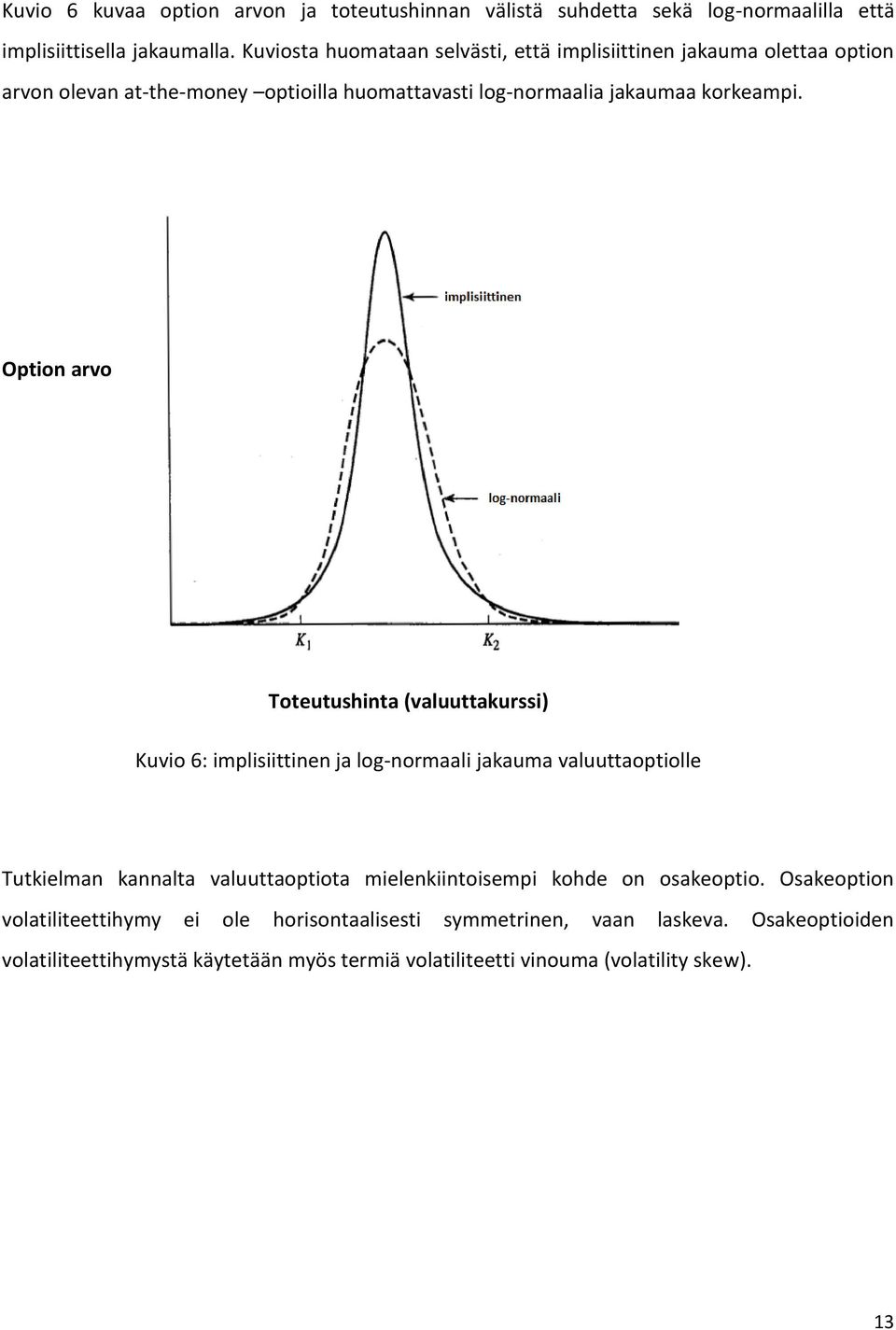 Option arvo Toteutushinta (valuuttakurssi) Kuvio 6: implisiittinen ja log-normaali jakauma valuuttaoptiolle Tutkielman kannalta valuuttaoptiota