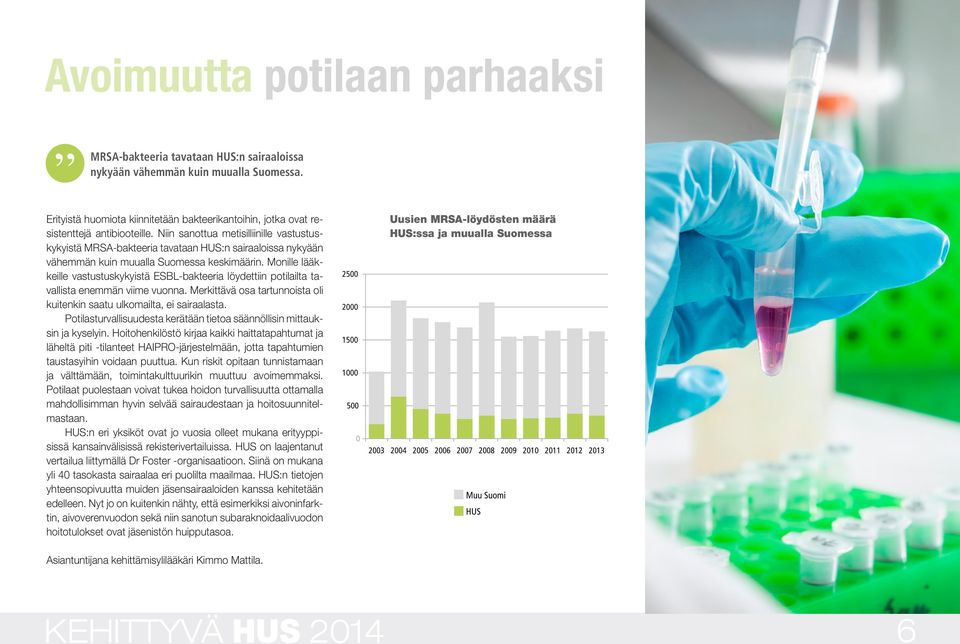 Niin sanottua metisilliinille vastustuskykyistä MRSA-bakteeria tavataan HUS:n sairaaloissa nykyään vähemmän kuin muualla Suomessa keskimäärin.