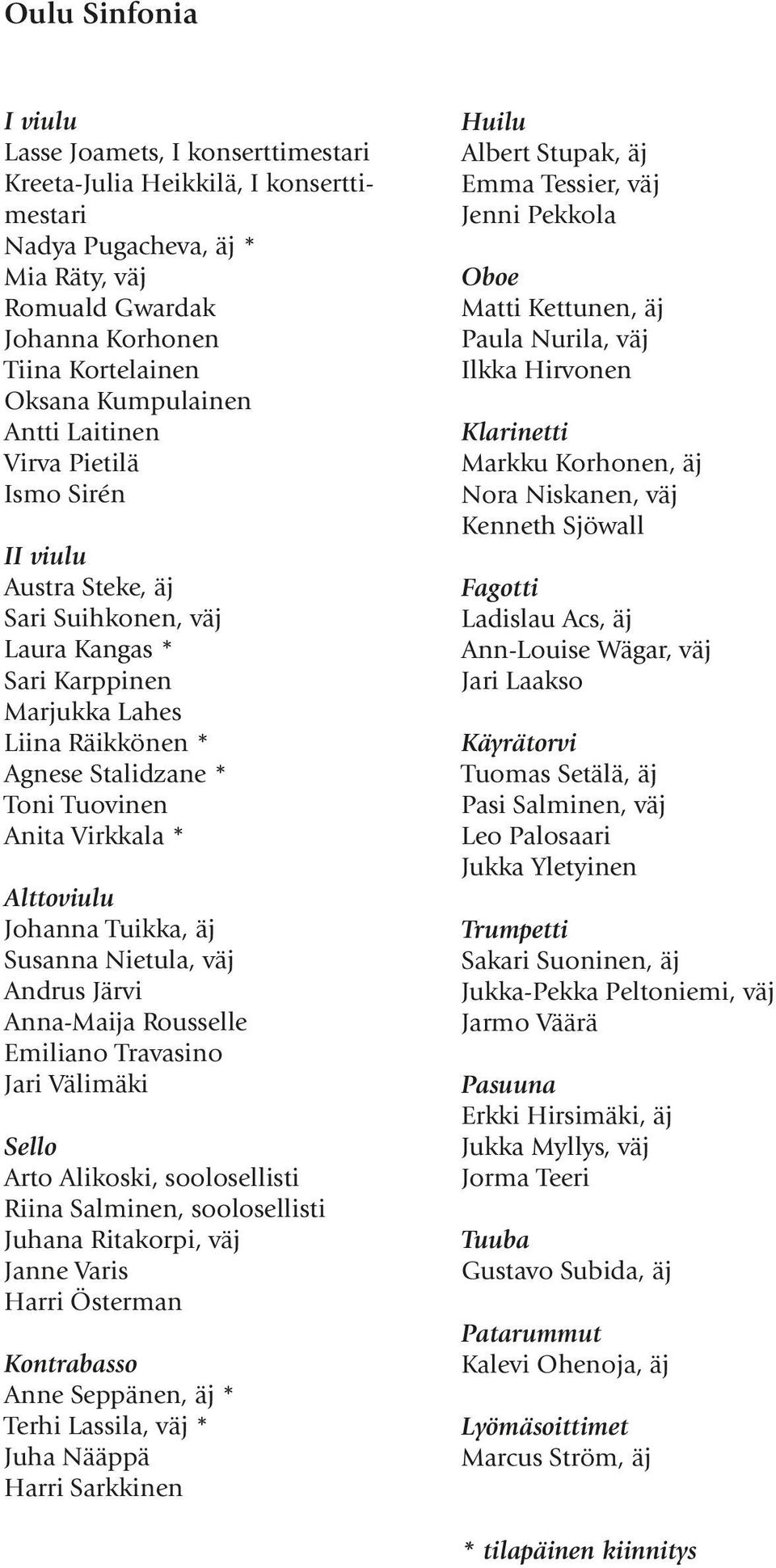 Anita Virkkala * Alttoviulu Johanna Tuikka, äj Susanna Nietula, väj Andrus Järvi Anna-Maija Rousselle Emiliano Travasino Jari Välimäki Sello Arto Alikoski, soolosellisti Riina Salminen, soolosellisti