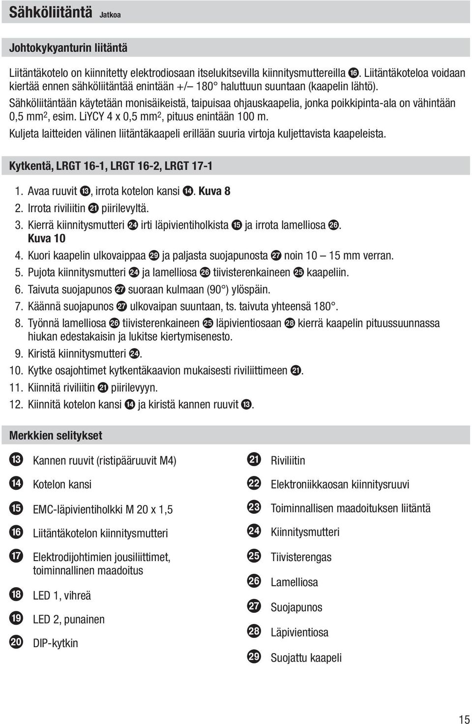 Sähköliitäntään käytetään monisäikeistä, taipuisaa ohjauskaapelia, jonka poikkipinta-ala on vähintään 0,5 mm 2, esim. LiYCY 4 x 0,5 mm 2, pituus enintään 100 m.