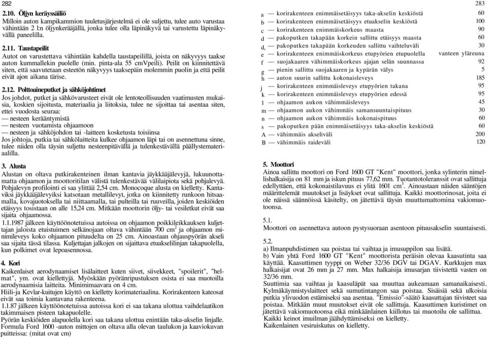 paneelilla. 2.11. Taustapeilit Autot on varustettava vähintään kahdella taustapeilillä, joista on näkyvyys taakse auton kummallekin puolelle (min. pinta-ala 55 cmvpeili).