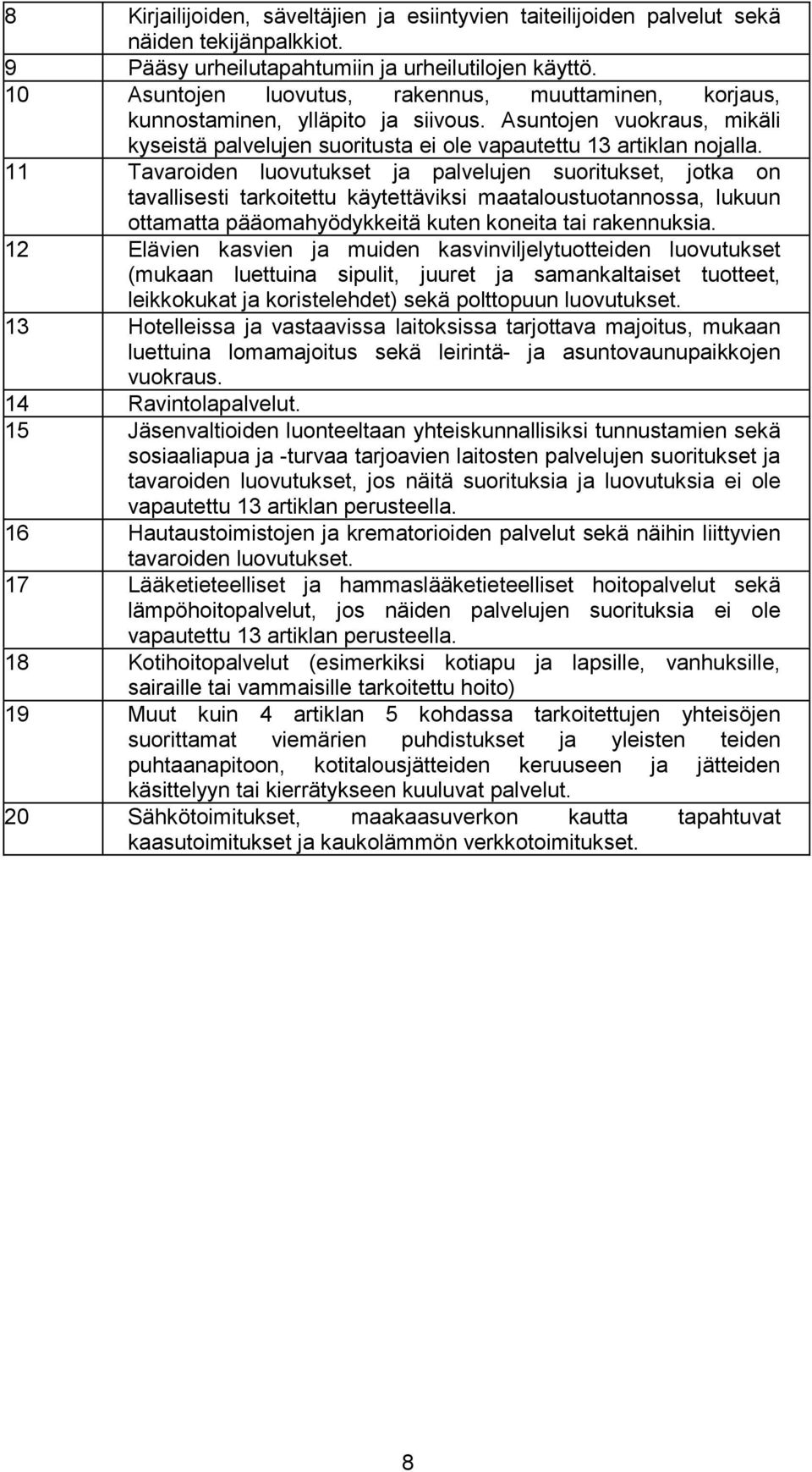 11 Tavaroiden luovutukset ja palvelujen suoritukset, jotka on tavallisesti tarkoitettu käytettäviksi maataloustuotannossa, lukuun ottamatta pääomahyödykkeitä kuten koneita tai rakennuksia.