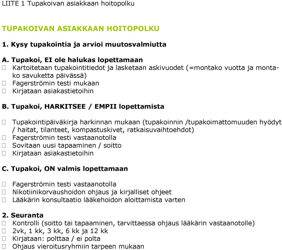 Tupakoi, HARKITSEE / EMPII lopettamista Tupakointipäiväkirja harkinnan mukaan (tupakoinnin /tupakoimattomuuden hyödyt / haitat, tilanteet, kompastuskivet, ratkaisuvaihtoehdot) Fagerströmin testi