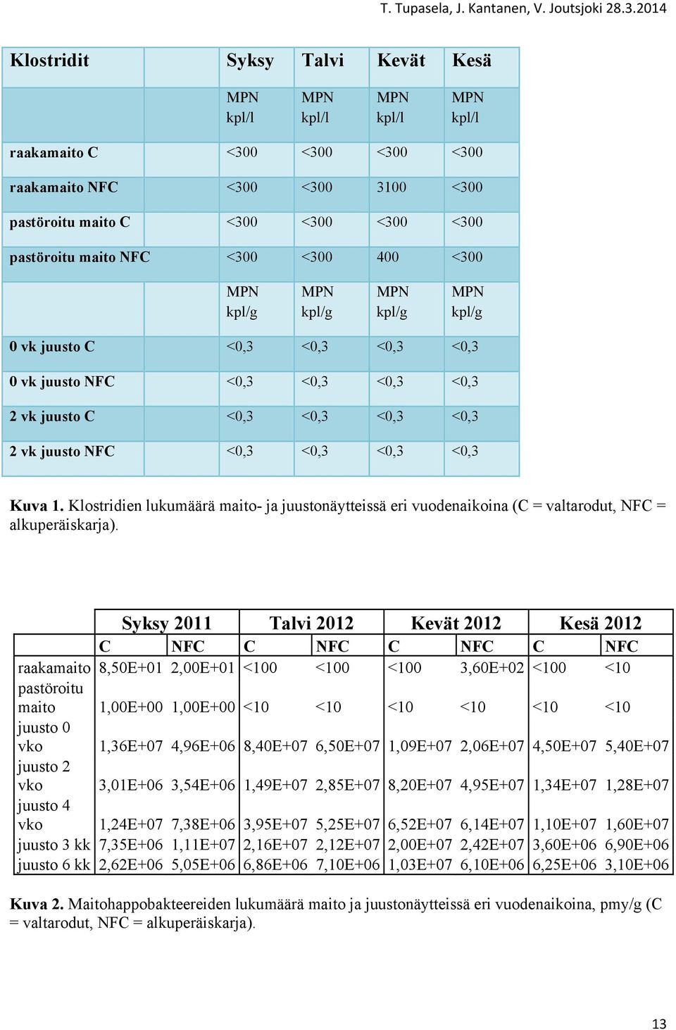 <0,3 Kuva 1. Klostridien lukumäärä maito- ja juustonäytteissä eri vuodenaikoina (C = valtarodut, NFC = alkuperäiskarja).