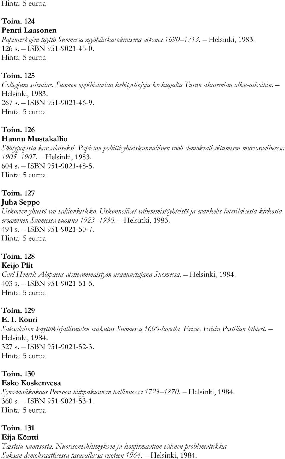 Papiston poliittisyhteiskunnallinen rooli demokratisoitumisen murrosvaiheessa 1905 1907. Helsinki, 1983. 604 s. ISBN 951-9021-48-5. Toim. 127 Juha Seppo Uskovien yhteisö vai valtionkirkko.
