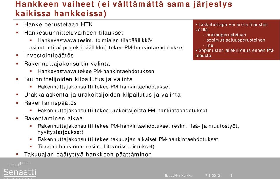 kilpailutus ja valinta Rakennuttajakonsultti tekee PM-hankintaehdotukset Urakkalaskenta ja urakoitsijoiden kilpailutus ja valinta Rakentamispäätös Rakennuttajakonsultti tekee urakoitsijoista