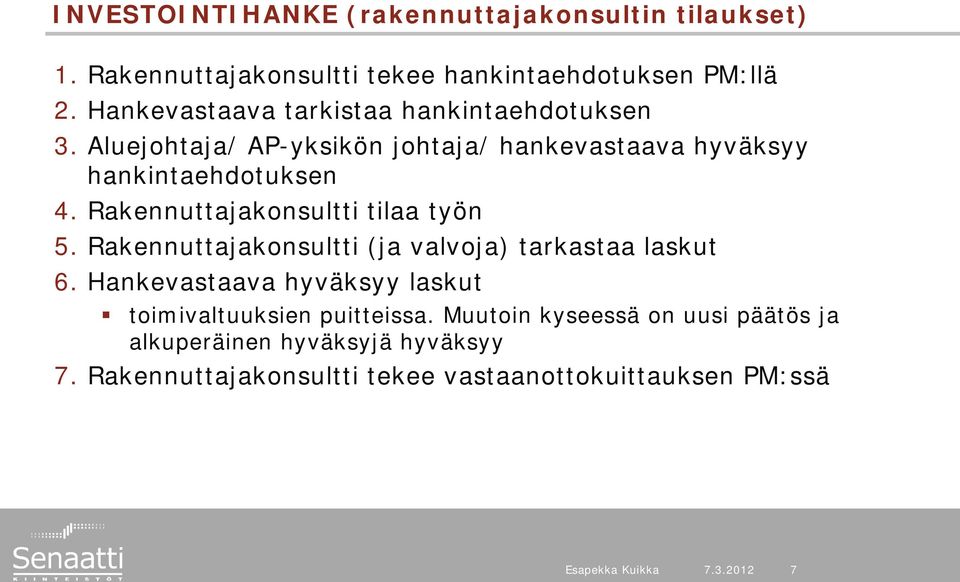 Rakennuttajakonsultti tilaa työn 5. Rakennuttajakonsultti (ja valvoja) tarkastaa laskut 6.