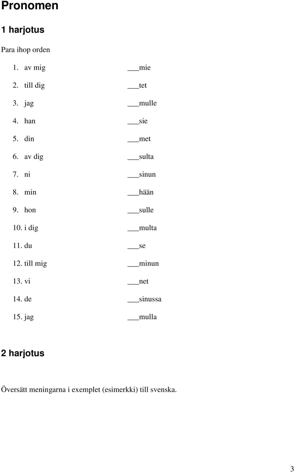 hon sulle 10. i dig multa 11. du se 12. till mig minun 13. vi net 14.