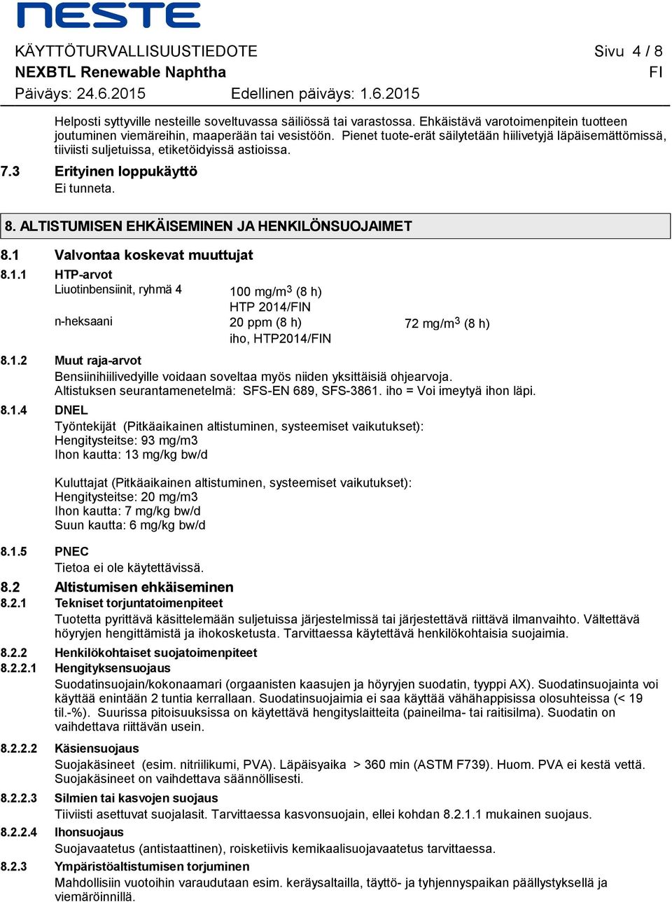 loppukäyttö Ei tunneta 8 ALTISTUMISEN EHKÄISEMINEN JA HENKILÖNSUOJAIMET 81 Valvontaa koskevat muuttujat 811 HTP-arvot Liuotinbensiinit, ryhmä 4 n-heksaani 100 mg/m 3 (8 h) HTP 2014/FIN 20 ppm (8 h)