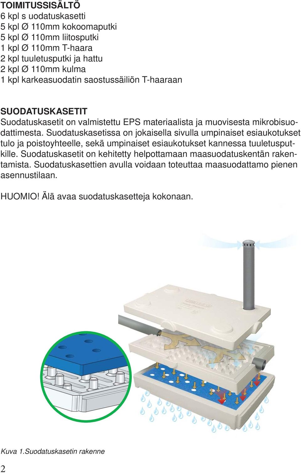 Suodatuskasetissa on jokaisella sivulla umpinaiset esiaukotukset tulo ja poistoyhteelle, sekä umpinaiset esiaukotukset kannessa tuuletusputkille.