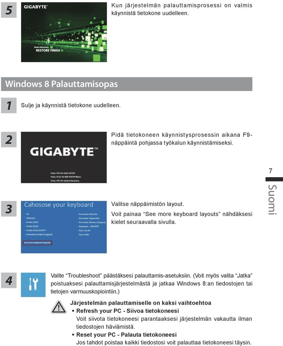 Voit painaa See more keyboard layouts nähdäksesi kielet seuraavalla sivulla. Suomi 4 Valite Troubleshoot päästäksesi palauttamis-asetuksiin.