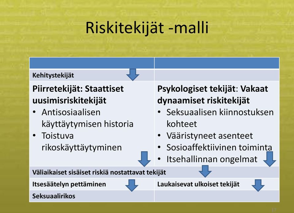 Itsesäätelyn pettäminen Seksuaalirikos Psykologiset tekijät: Vakaat dynaamiset riskitekijät Seksuaalisen