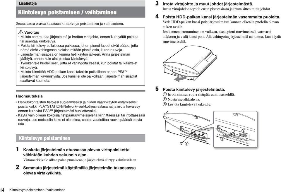 Poista kiintolevy sellaisessa paikassa, johon pienet lapset eivät pääse, jotta nämä eivät vahingossa nielaise mitään pieniä osia, kuten ruuveja. Järjestelmän sisäosa on kuuma heti käytön jälkeen.