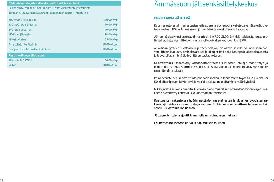 e/tunti Lavojen siirrot tai hukkatoimitukset 68,00 e/tunti Pesut, erikseen tilattavat Jäteastia 140 800 l 30,00 e/kpl Säiliöt 80,00 e/tunti Ämmässuon jätteen käsittely keskus PUNNITTAVAT JÄTE-ERÄT