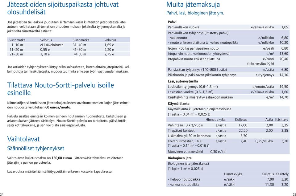 Jos astioiden tyhjennykseen liittyy erikoisolosuhteita, kuten ahtaita jätepisteitä, kellarinoutoja tai hissikuljetusta, muodostuu hinta erikseen työn vaativuuden mukaan.