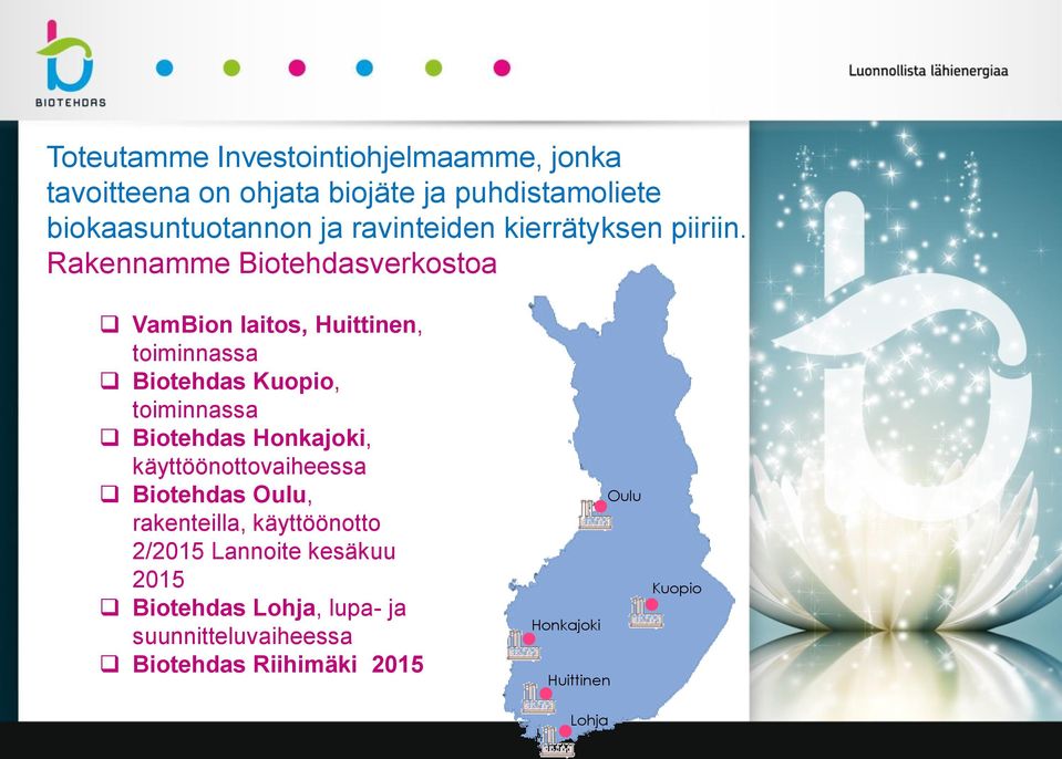 Rakennamme Biotehdasverkostoa VamBion laitos, Huittinen, toiminnassa Biotehdas Kuopio, toiminnassa Biotehdas