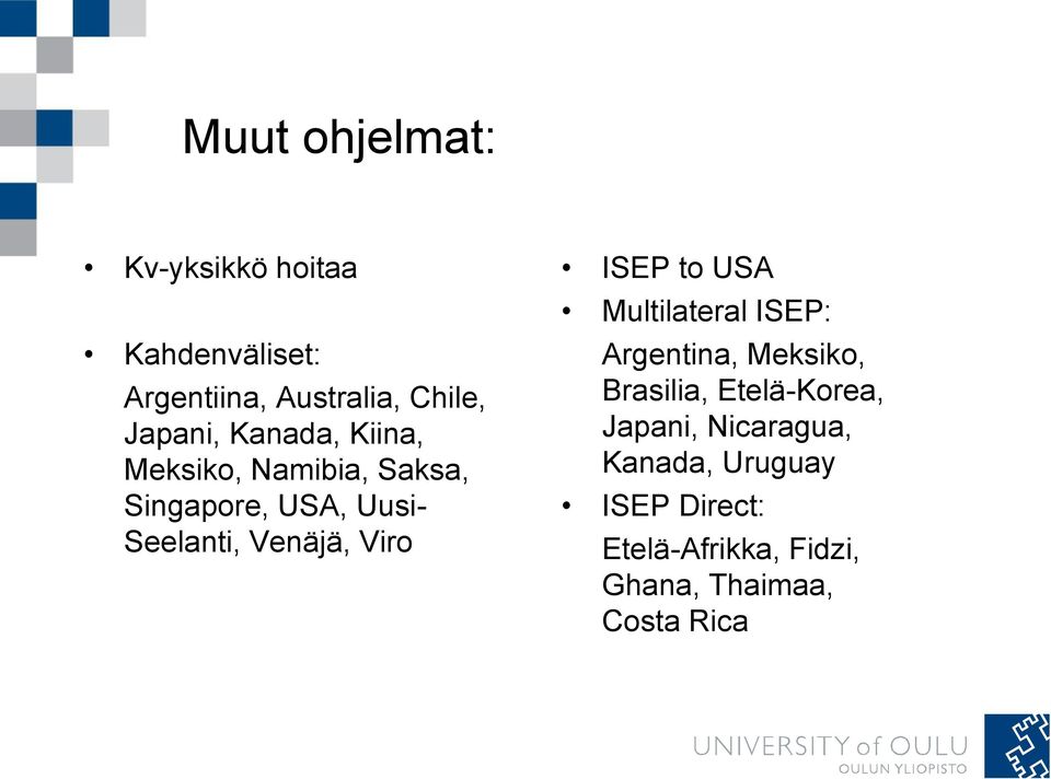 ISEP to USA Multilateral ISEP: Argentina, Meksiko, Brasilia, Etelä-Korea, Japani,