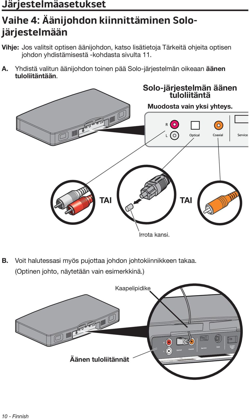 Yhdistä valitun äänijohdon toinen pää Solo-järjestelmän oikeaan äänen tuloliitäntään.