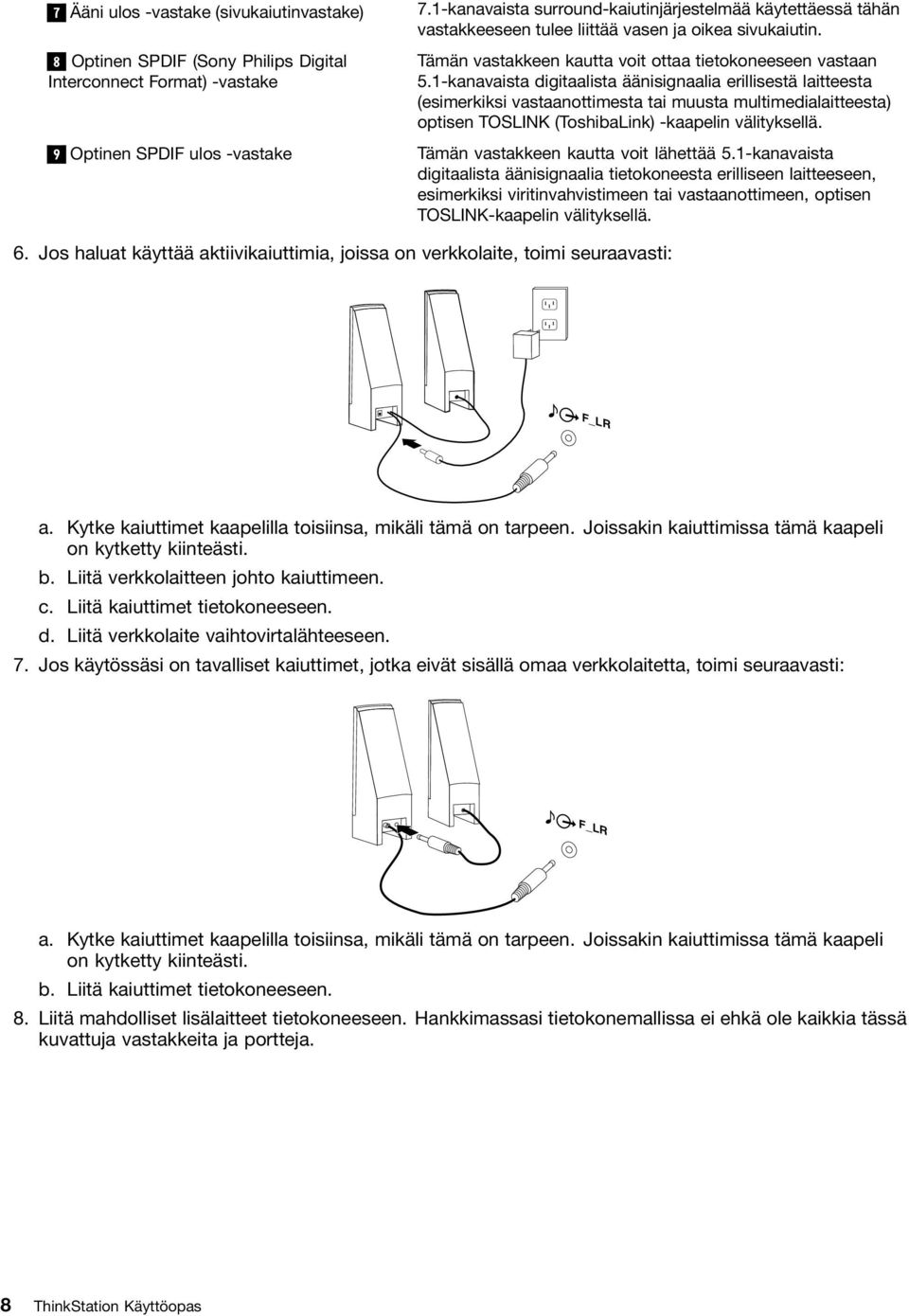 1-kanavaista digitaalista äänisignaalia erillisestä laitteesta (esimerkiksi vastaanottimesta tai muusta multimedialaitteesta) optisen TOSLINK (ToshibaLink) -kaapelin välityksellä.