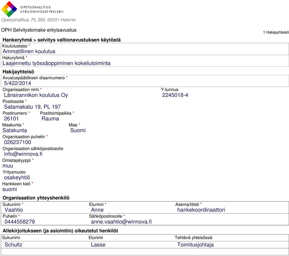Rauma Maakunta * Maa * Satakunta Suomi Organisaation puhelin * 026237100 Organisaation sähköpostiosoite info@winnova.