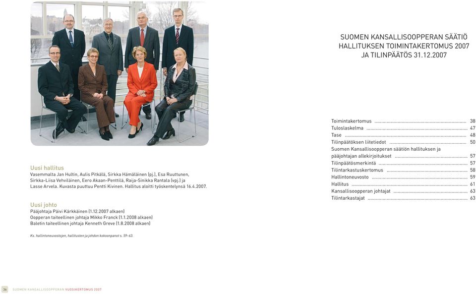 Uusi johto Pääjohtaja Päivi Kärkkäinen (1.12.2007 alkaen) Oopperan taiteellinen johtaja Mikko Franck (1.1.2008 alkaen) Baletin taiteellinen johtaja Kenneth Greve (1.8.2008 alkaen) Toimintakertomus.