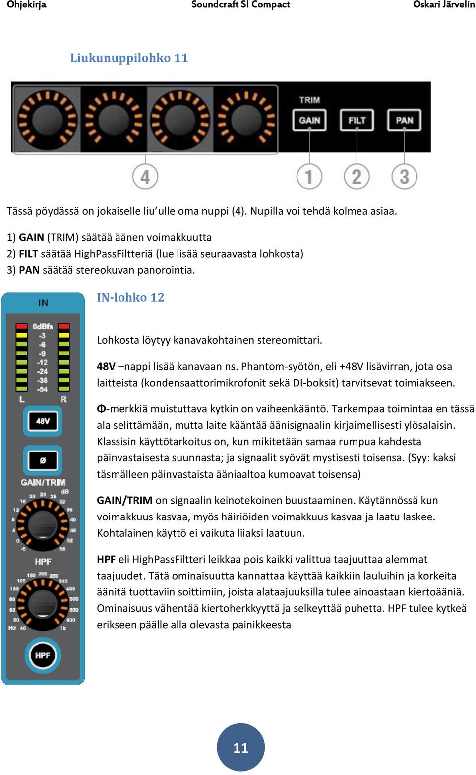 IN-lohko 12 Lohkosta löytyy kanavakohtainen stereomittari. 48V nappi lisää kanavaan ns.