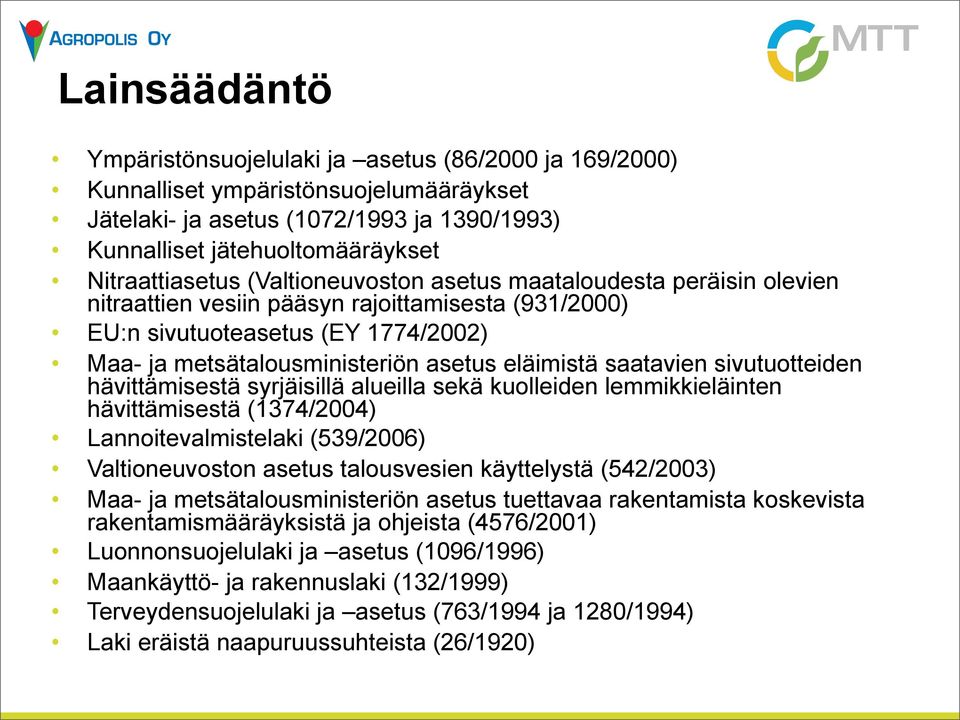 eläimistä saatavien sivutuotteiden hävittämisestä syrjäisillä alueilla sekä kuolleiden lemmikkieläinten hävittämisestä (1374/2004) Lannoitevalmistelaki (539/2006) Valtioneuvoston asetus talousvesien