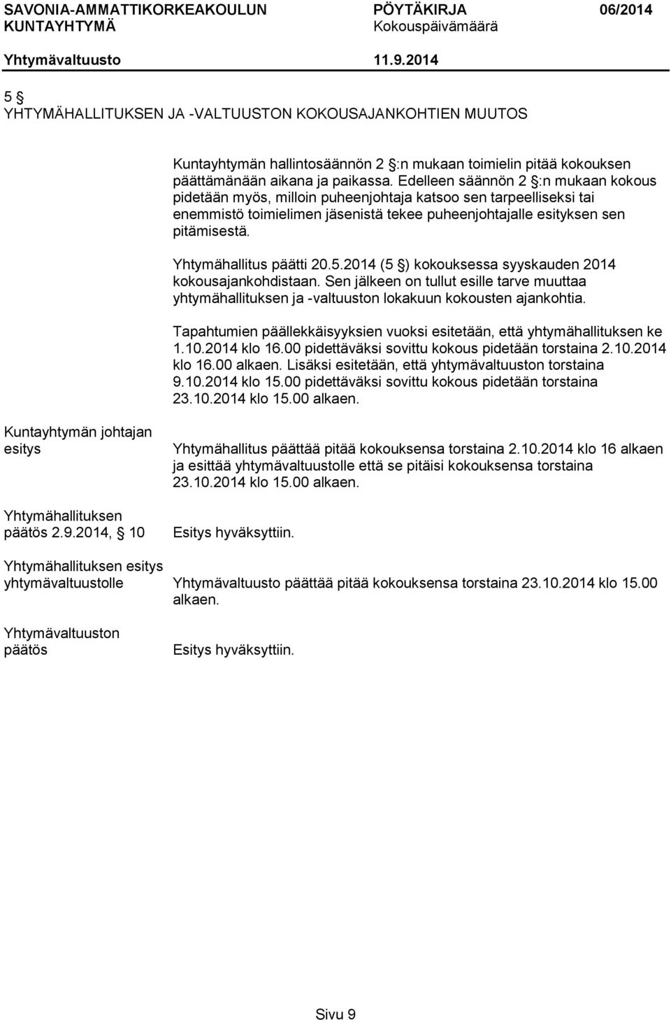 Yhtymähallitus päätti 20.5.2014 (5 ) kokouksessa syyskauden 2014 kokousajankohdistaan. Sen jälkeen on tullut esille tarve muuttaa yhtymähallituksen ja -valtuuston lokakuun kokousten ajankohtia.