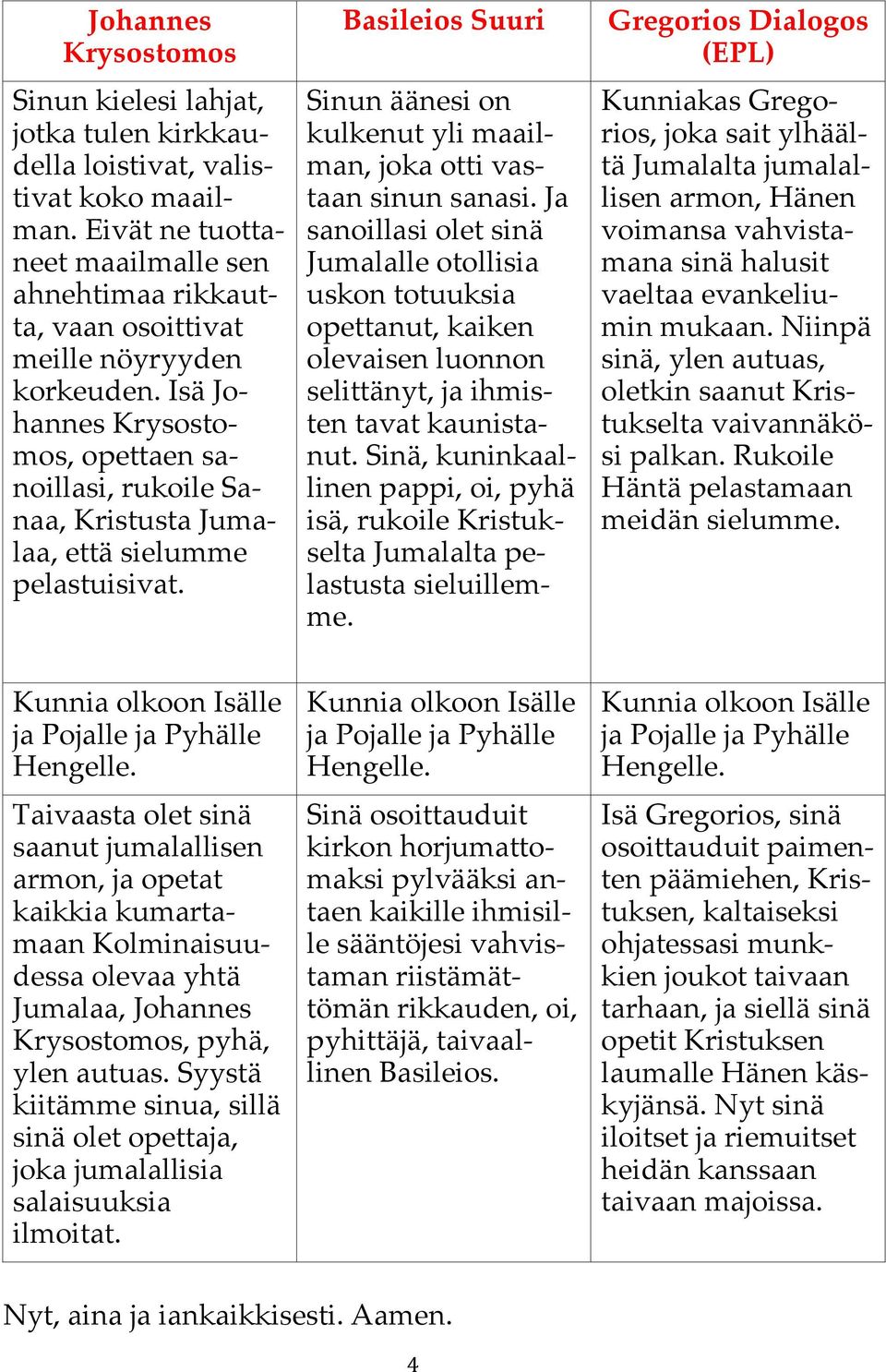 Isä Johannes Krysostomos, opettaen sanoillasi, rukoile Sanaa, Kristusta Jumalaa, että sielumme pelastuisivat. Basileios Suuri Sinun äänesi on kulkenut yli maailman, joka otti vastaan sinun sanasi.