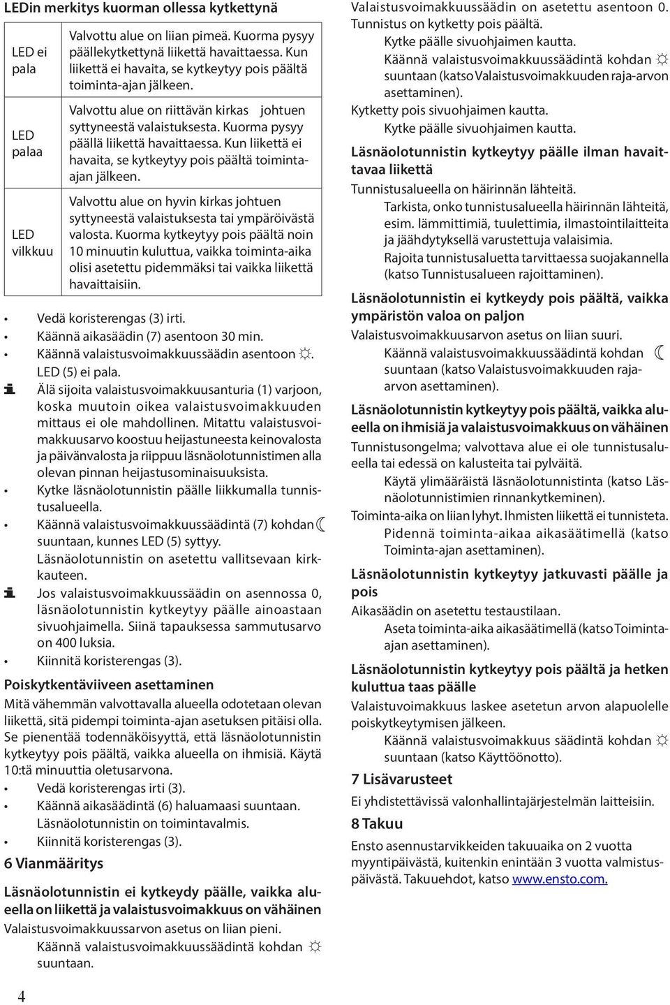 Kun lkettä ei havaita, se kytkeytyy pois päältä toimintaajan jälkeen. Valvottu alue on hyvin kirkas johtuen syttyneestä valaistuksesta tai ympäröivästä valosta.