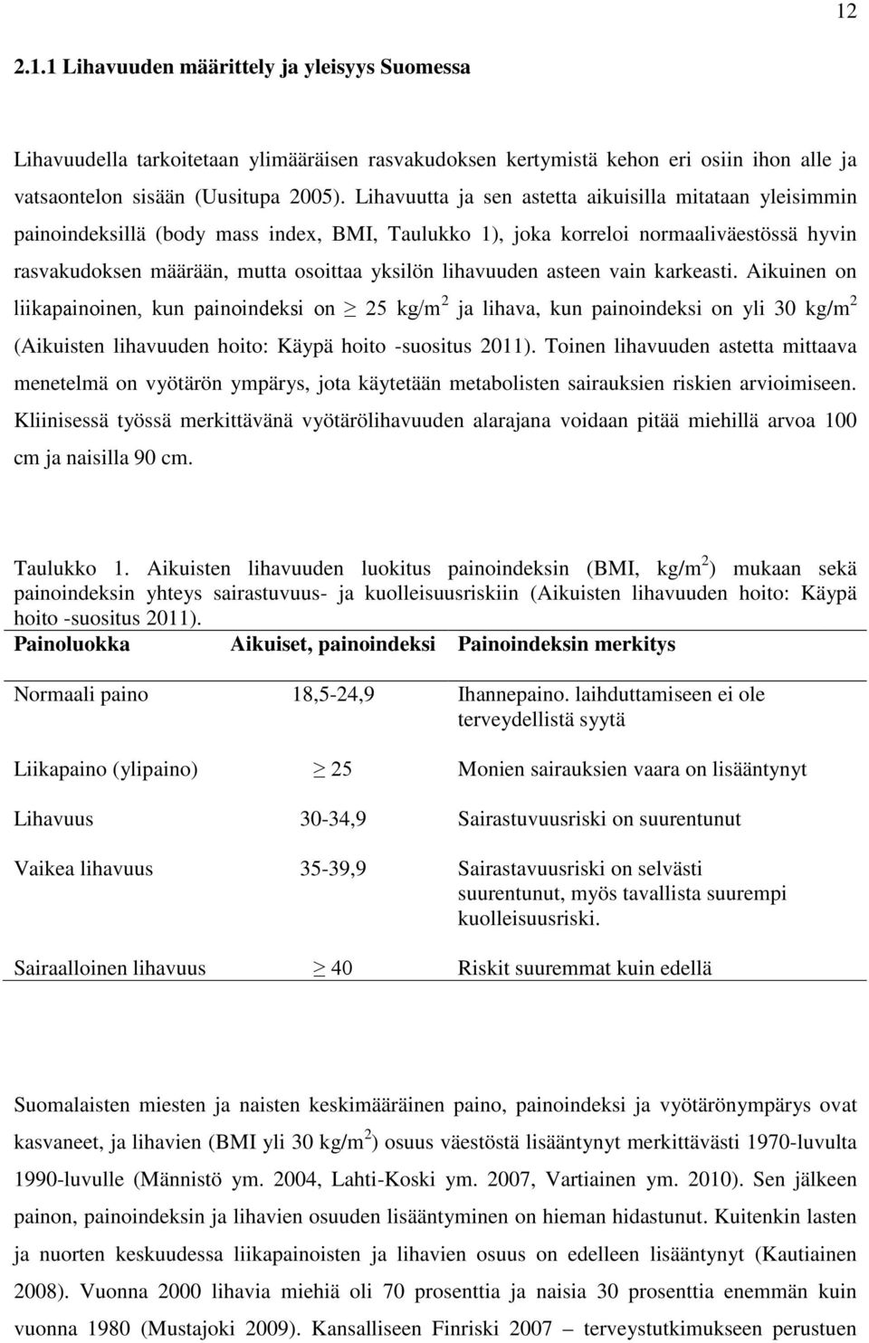 lihavuuden asteen vain karkeasti. Aikuinen on liikapainoinen, kun painoindeksi on 25 kg/m 2 ja lihava, kun painoindeksi on yli 30 kg/m 2 (Aikuisten lihavuuden hoito: Käypä hoito -suositus 2011).