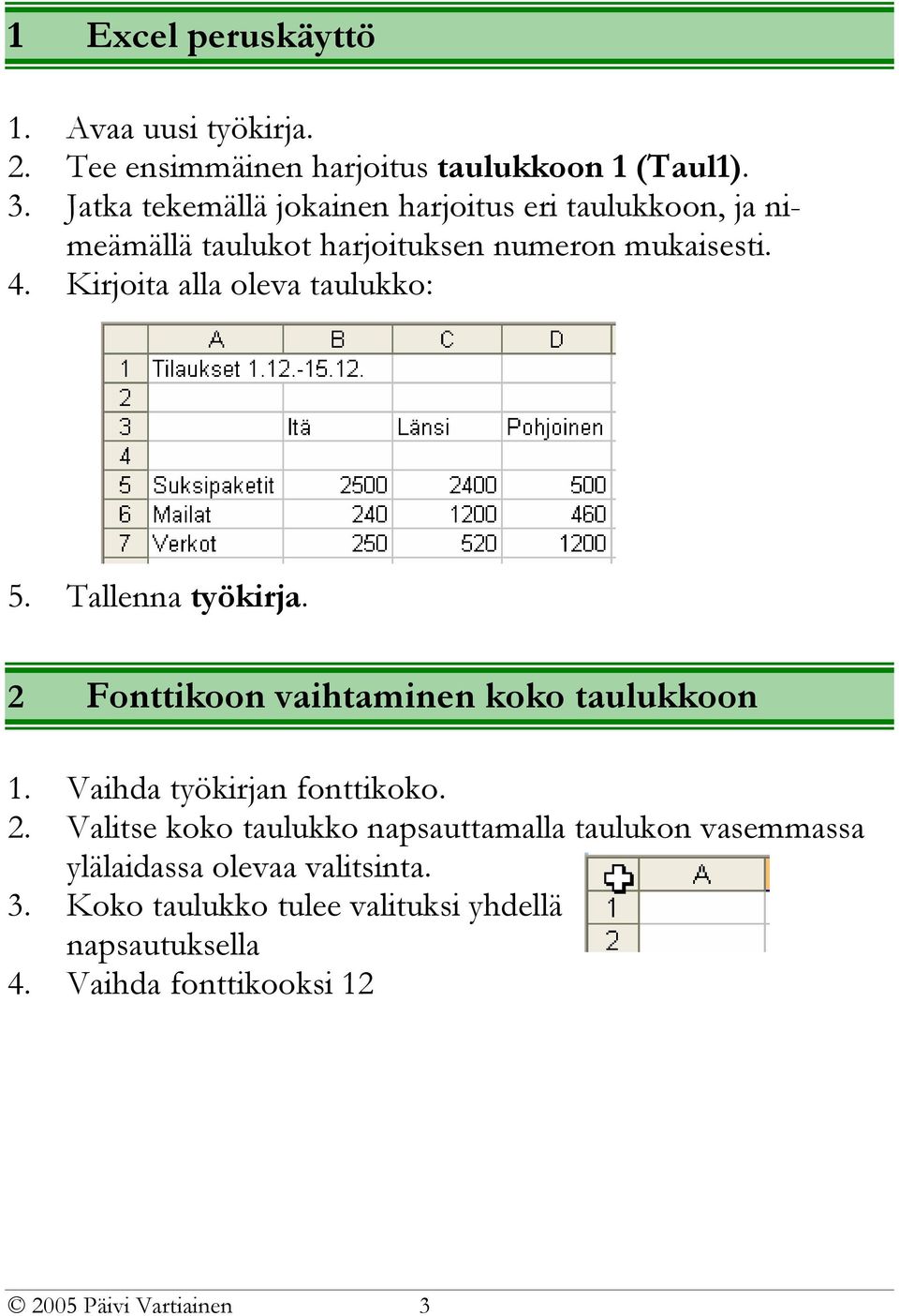 Kirjoita alla oleva taulukko: 5. Tallenna työkirja. 2 