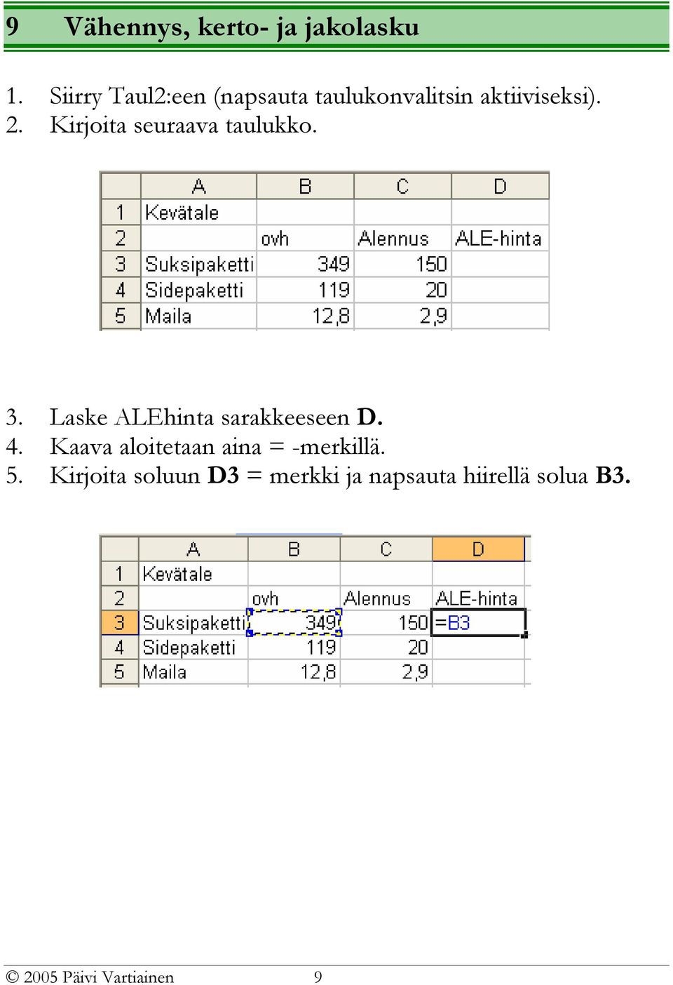 Kirjoita seuraava taulukko. 3. Laske ALEhinta sarakkeeseen D. 4.