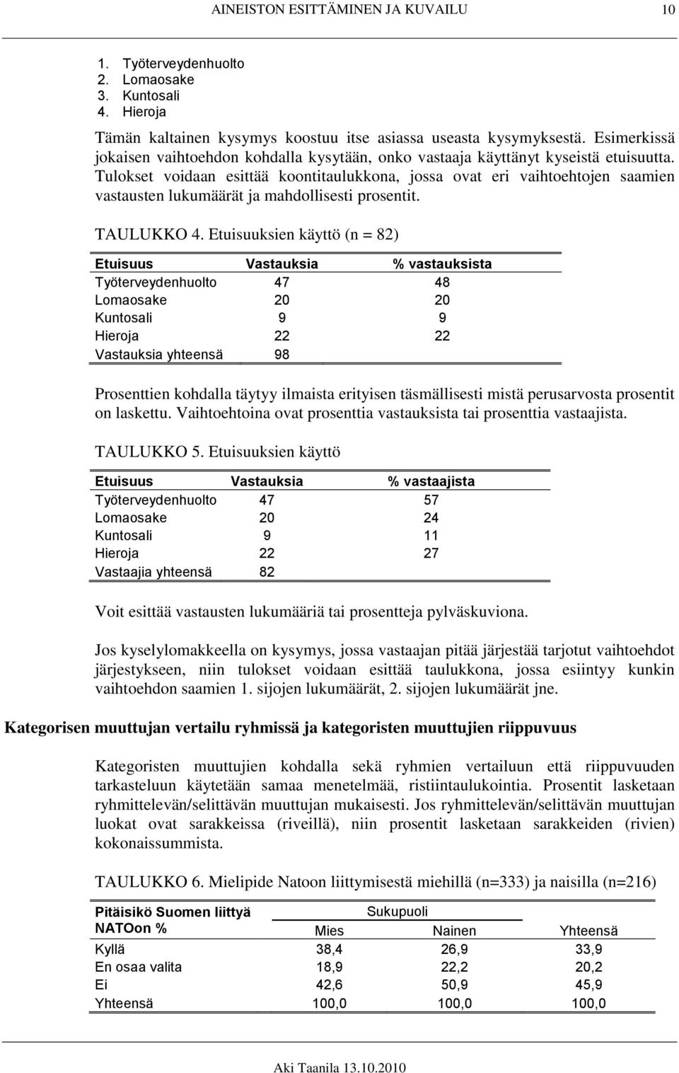 Tulokset voidaan esittää koontitaulukkona, jossa ovat eri vaihtoehtojen saamien vastausten lukumäärät ja mahdollisesti prosentit. TAULUKKO 4.