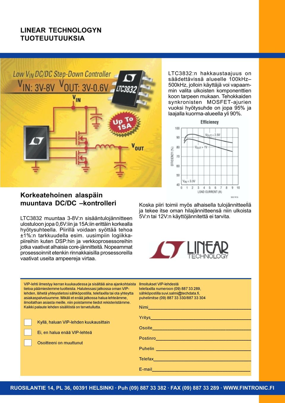 Korkeatehoinen alaspäin muuntava DC/DC kontrolleri LTC3832 muuntaa 3-8V:n sisääntulojännitteen ulostuloon jopa 0,6V:iin ja 15A:iin erittäin korkealla hyötysuhteella.