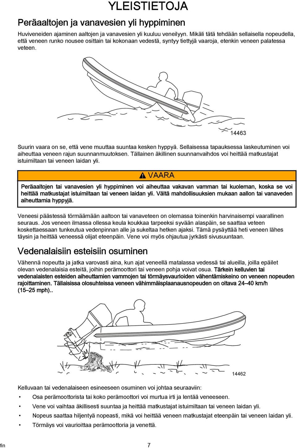 14463 Suurin vaara on se, että vene muuttaa suuntaa kesken hyppyä. Sellaisessa tapauksessa laskeutuminen voi aiheuttaa veneen rajun suunnanmuutoksen.