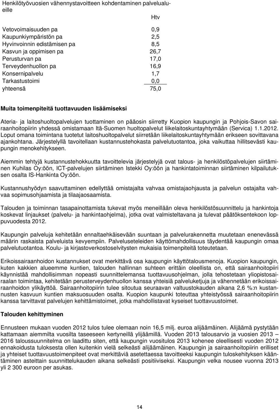 Kuopion kaupungin ja Pohjois-Savon sairaanhoitopiirin yhdessä omistamaan Itä-Suomen huoltopalvelut liikelaitoskuntayhtymään (Servica) 1.1.2012.