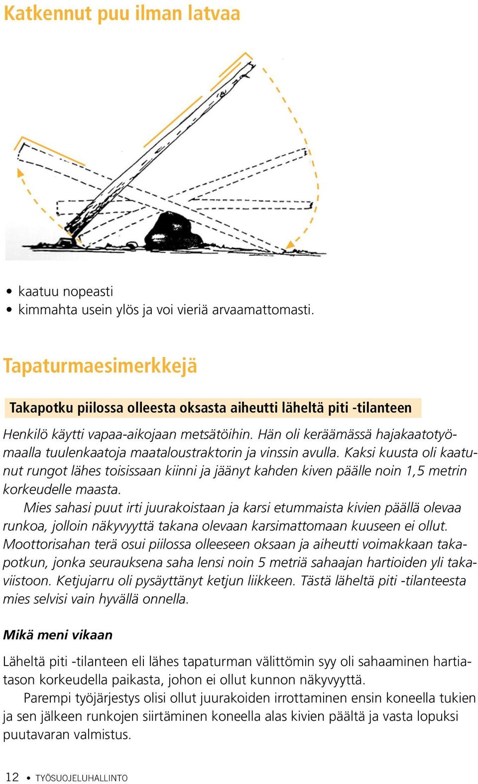 Hän oli keräämässä hajakaatotyömaalla tuulenkaatoja maataloustraktorin ja vinssin avulla.