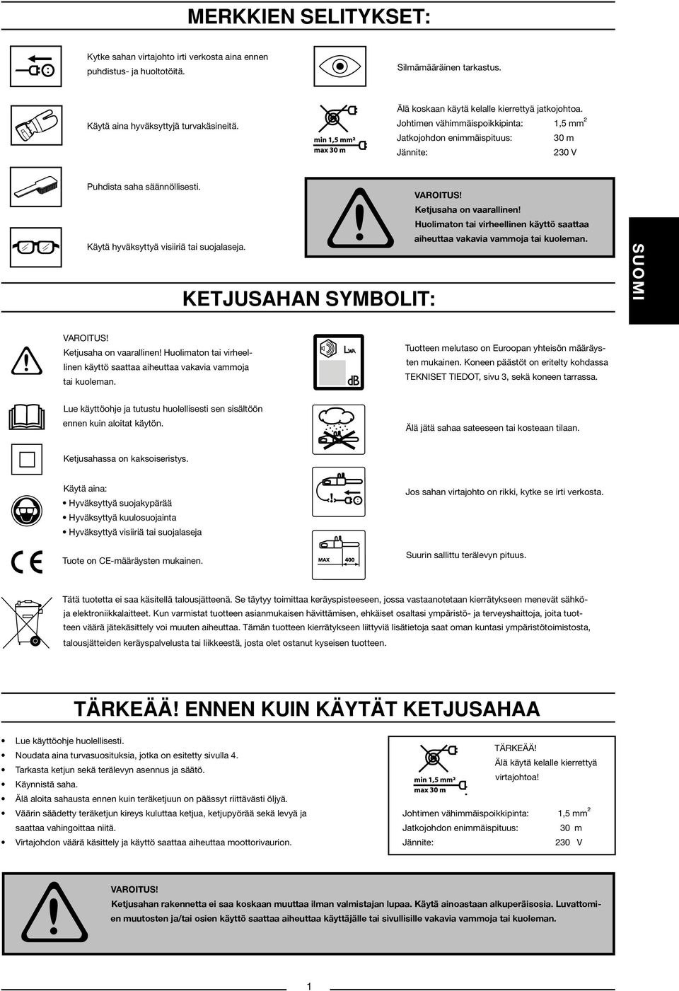 Huolimaton tai virheellinen käyttö saattaa aiheuttaa vakavia vammoja tai kuoleman. Käytä hyväksyttyä visiiriä tai suojalaseja. KETJUSAHAN SYMBOLIT: Ketjusaha on vaarallinen!