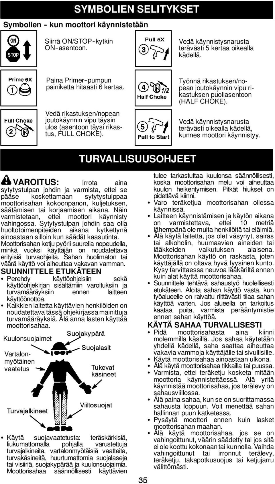 Työnnä rikastuksen/nopean joutokäynnin vipu rikastuksen puoliasentoon (HALF CHOKE). Vedä käynnistysnarusta terävästi oikealla kädellä, kunnes moottori käynnistyy.