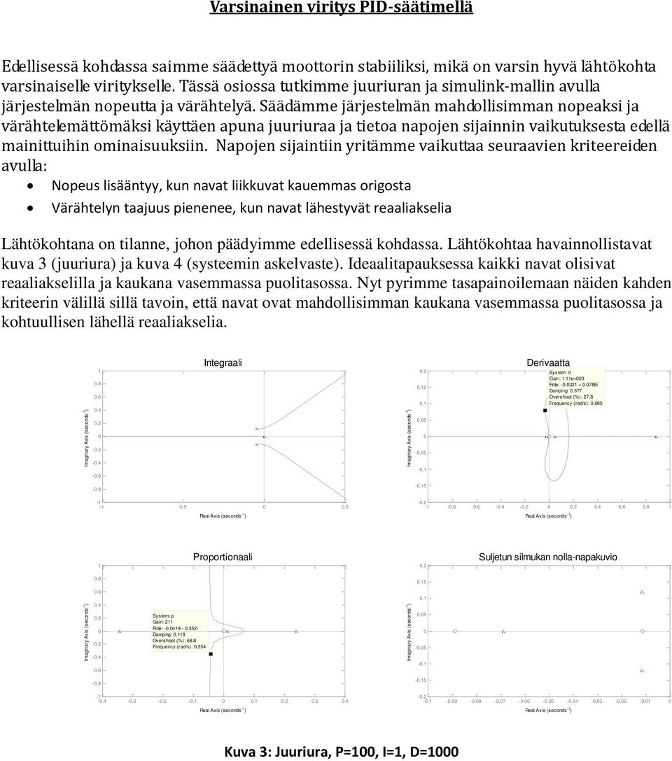 Säädämme järjestelmän mahdollisimman nopeaksi ja värähtelemättömäksi käyttäen apuna juuriuraa ja tietoa napojen sijainnin vaikutuksesta edellä mainittuihin ominaisuuksiin.