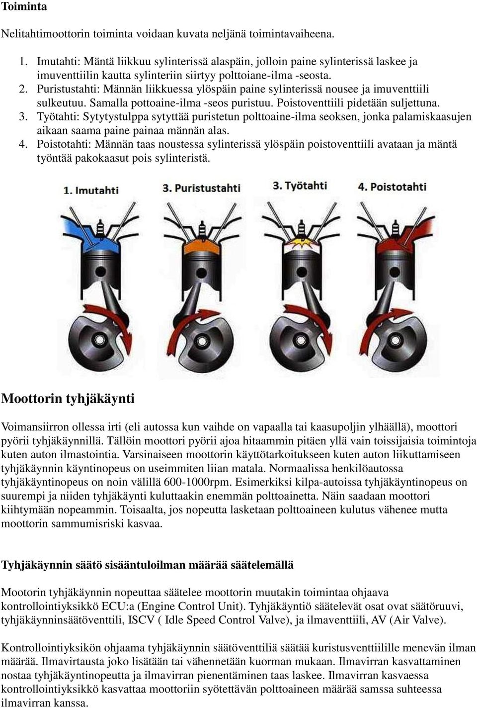 Puristustahti: Männän liikkuessa ylöspäin paine sylinterissä nousee ja imuventtiili sulkeutuu. Samalla pottoaine-ilma -seos puristuu. Poistoventtiili pidetään suljettuna. 3.