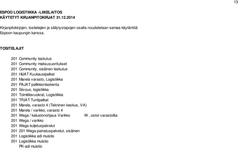 pallkkionlaskenta 201 Siivous, logistiikka 201 Toimitilavuokrat, Logistiikka 201 TPJAT Tuntipalkat 201 Marela, varasto 4 (Tekninen keskus, VA) 201 Marela / varikko, varasto 4 201